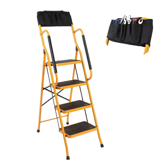 Geemuslly Folding 4 Step Ladder with Handrail & ToolBag, 500 lbs Heavy Duty Steel Step Stool with Wide Anti-Slip Pedals & Safety Handle, Portable Multi-Purpose Ladder for Home, Kitchen, Office