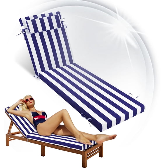 Geemuslly Outdoor Chaise Lounge Cushion 72x21 Inch With Headres - Waterproof Patio Chair Cushions Non-Slip with Ties, Fade Resistant for Pool Beach Garden Recliner,Blue & White Stripes,1Pcs