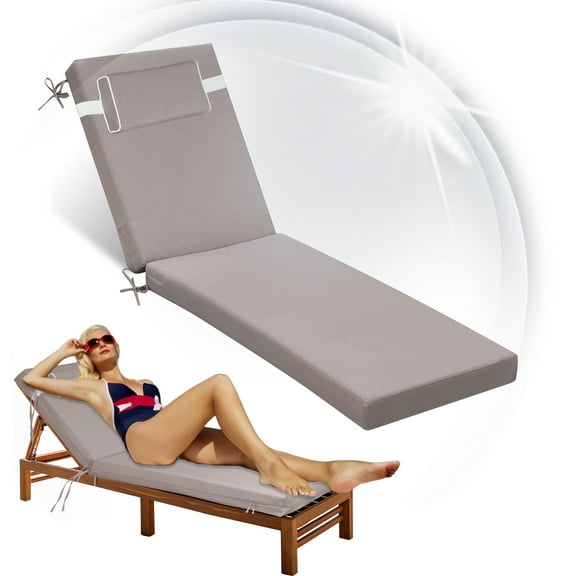 Geemuslly Outdoor Chaise Lounge Cushion 72x21 Inch With Headres - Waterproof Patio Chair Cushions Non-Slip with Ties, Fade Resistant for Pool Beach Garden Recliner,Khaki,1Pcs