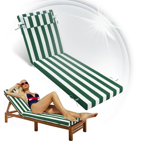 Geemuslly Outdoor Chaise Lounge Cushion 72x21 Inch With Headres - Waterproof Patio Chair Cushions Non-Slip with Ties, Fade Resistant for Pool Beach Garden Recliner,Green & White Stripes,1Pcs