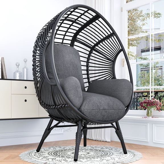 Geemuslly Oversized Wicker Egg Chair, Stationary Indoor Outdoor Patio Lounger with 440lbs Capacity, PE Rattan Basket Chair with Thick Grey Cushions & Steel Frame, Black