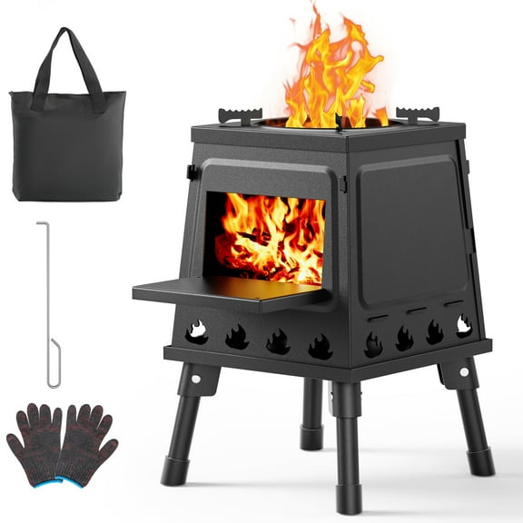 Geemuslly Wood Burning Camp Stove, Portable Cast Iron Compact Outdoor Wood Stove with Carrying Bag Backpacking, Hiking, Picnic, BBQ, RV & Travel – Folding Camp Stove for Cooking & Heating, Small