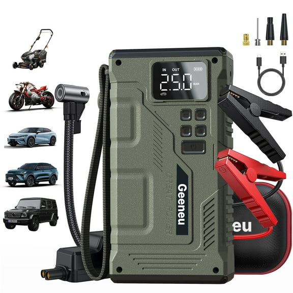 Geeneu 5000A Peak Car Battery Jump Starter with Air Compressor,12V 150PSI Portable Battery Jump Starter Box for Up to 9L Gas 7.5L Diesel Engine with Digital Tire Inflator