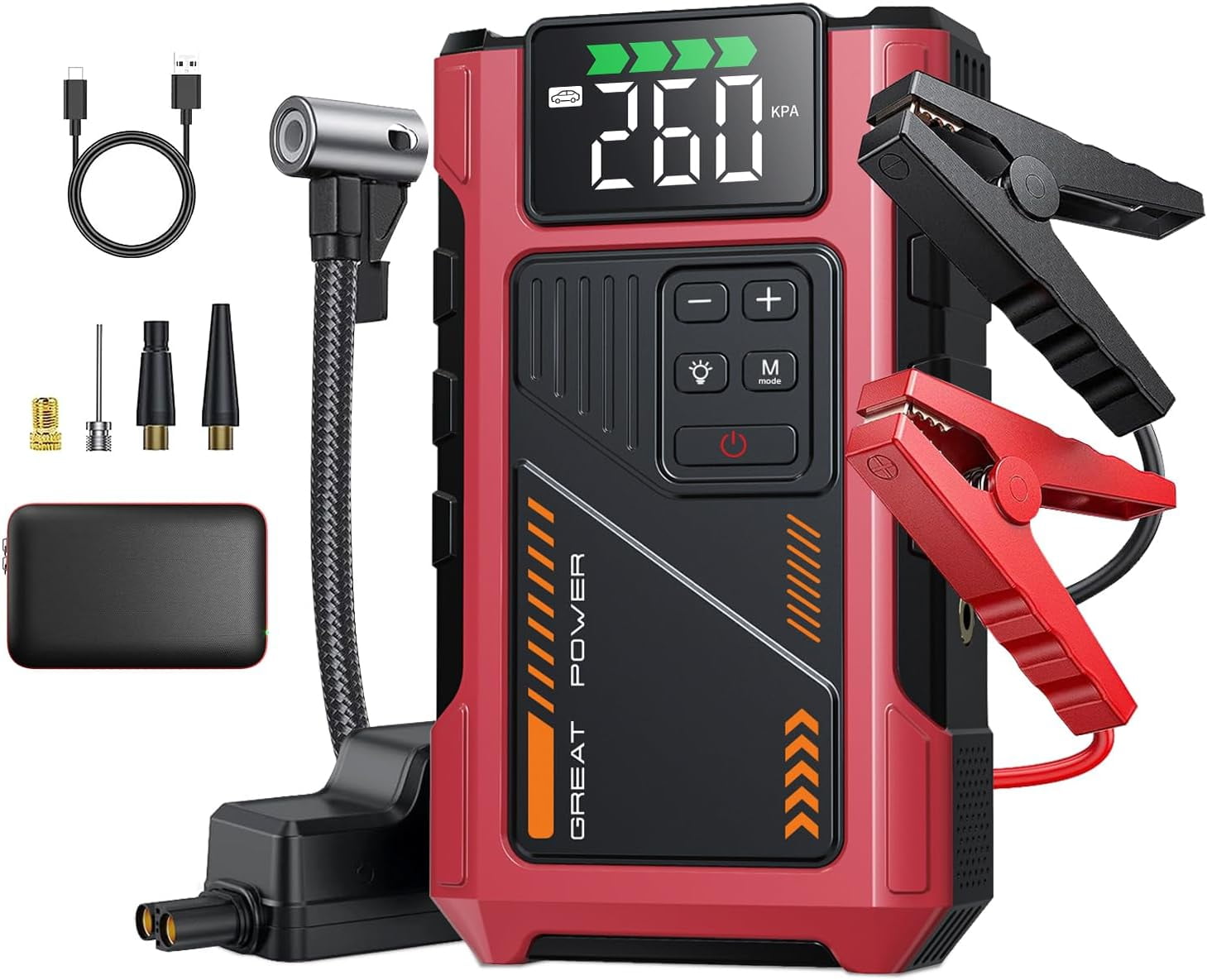 Geeneu 4000A Car Jump Starter with Air Compressor, Portable Battery Charger Jumpstart 12V Vehicle,150PSI Tire Inflator for 9.0L Gas/7.5L Diesel Engines Jump Box with Light and Jumper Cable