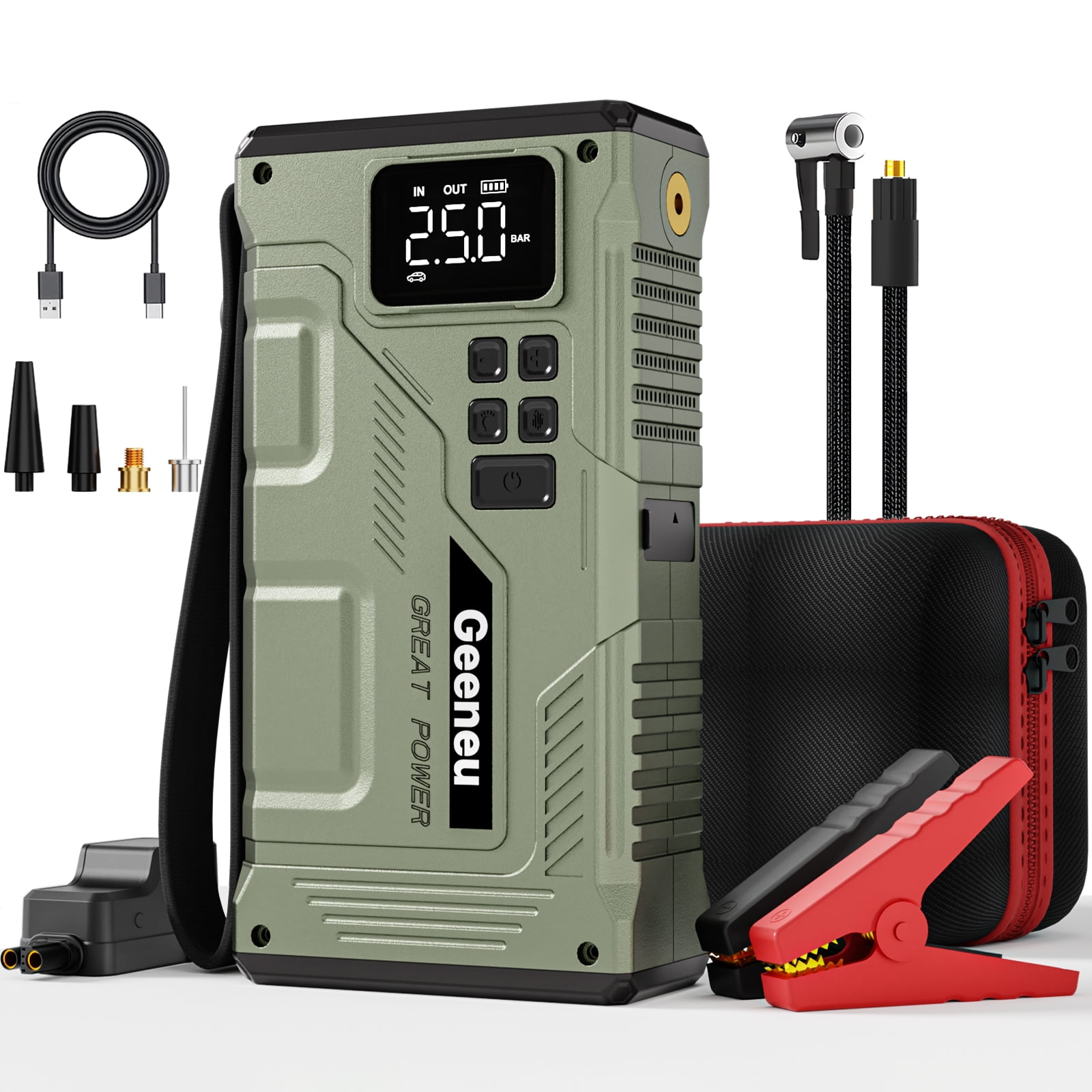 Geeneu 8000A Peak Jump Starter with Air Compressor,Portable Car Battery Jump Starter (for All Gas or up to 12.0L Diesel) with 150PSI Digital Tire Inflator,12V Portable Battery Jump Box