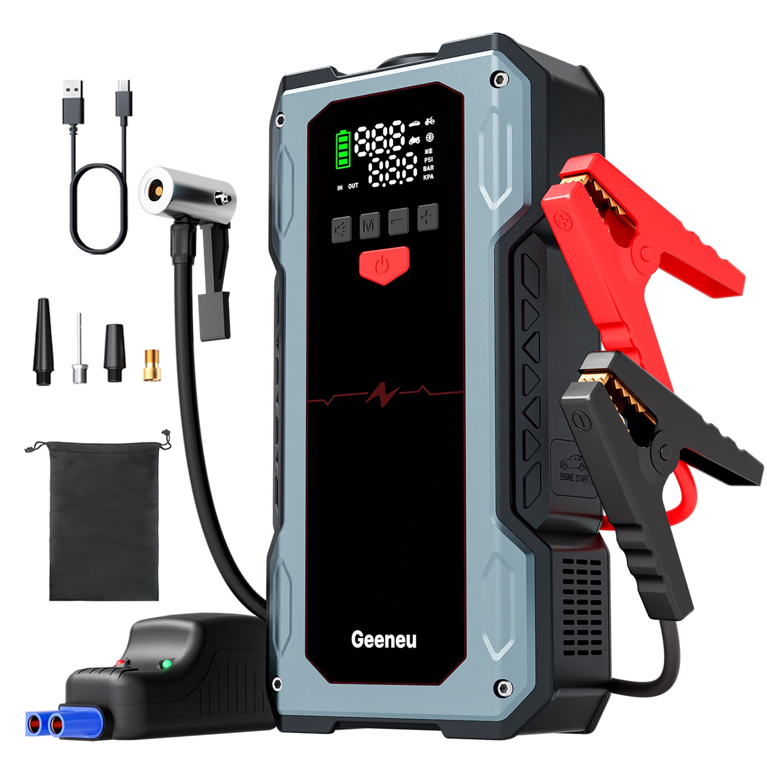 Geeneu 6000A Jump Starter with Air Inflator & Deflator Compressor, 7-in-1 Portable 12V Car Battery Jump Box Power Pack for All Gas/12L Diesel Engine with 150PSI Tire Inflator & Extended Jumper Cable