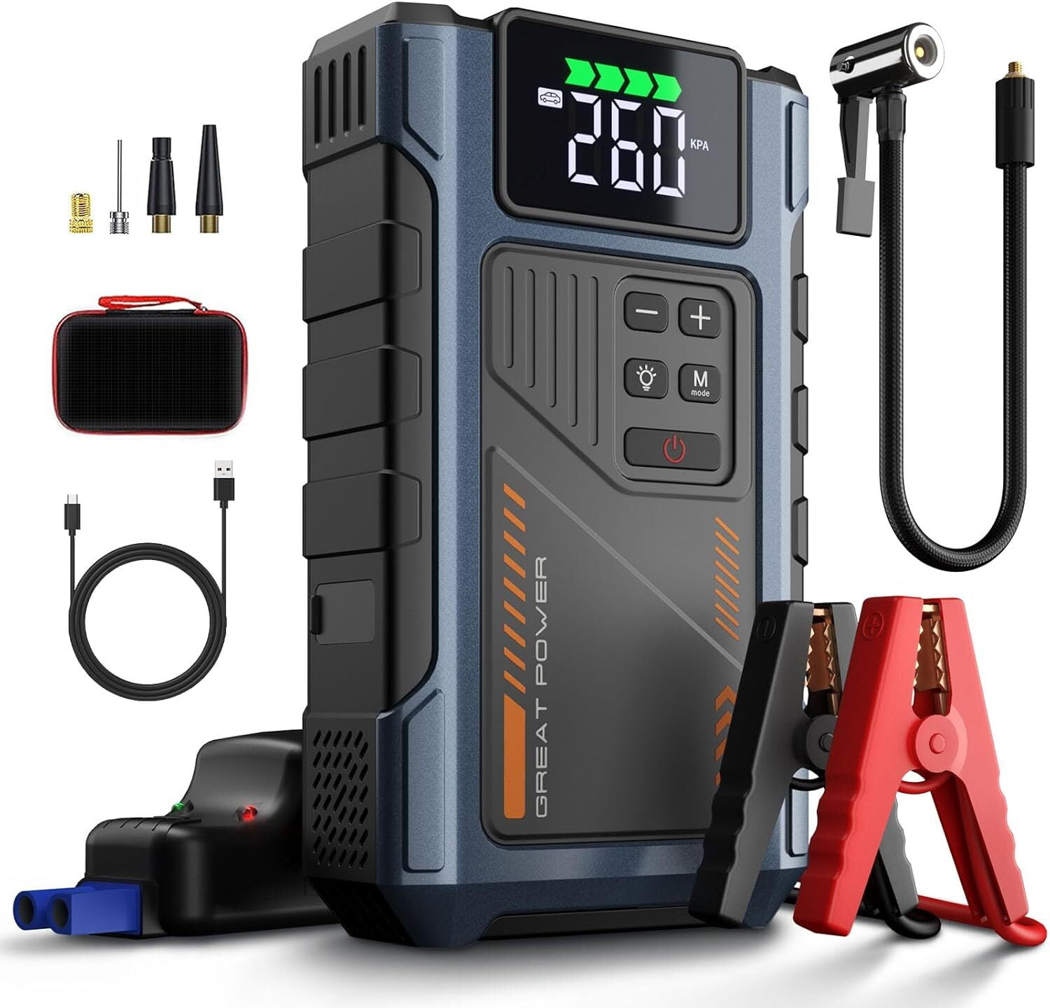 Geeneu 4000A Portable Car Air Compressor, Jump Starter with Air Compressor, Car Battery Charger Portable For12V(8.0LGas/6.5L Diesel) USB Input/Output, LED Emergency