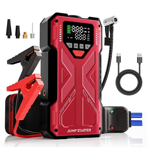Geeneu Jump Starter with Compressor, 6000A Jump Box Car Battery Charger, Portable Jumper Starter Power Pack (10.0L Gas/8.0L Diesel),Rodeside Emergency Kit for Vehicle/Motorcycle Combo Tire Inflator
