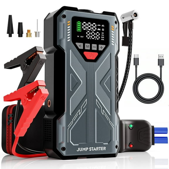 Geeneu Jump Starter with Compressor, 6000A Jump Box Car Battery Charger, Portable Jumper Starter Power Pack (8.0L Gas/6.5L Diesel),Rodeside Emergency Kit for Vehicle/Motorcycle Combo Tire Inflator