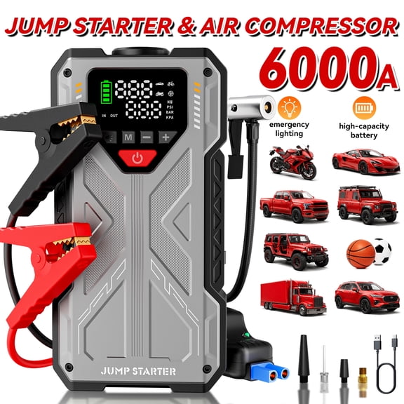 Geeneu Jump Starter with Compressor, 6000A Jump Box Car Battery Charger, Portable Jumper Starter Power Pack (8.0L Gas/6.5L Diesel),Rodeside Emergency Kit for Vehicle/Motorcycle Combo Tire Inflator