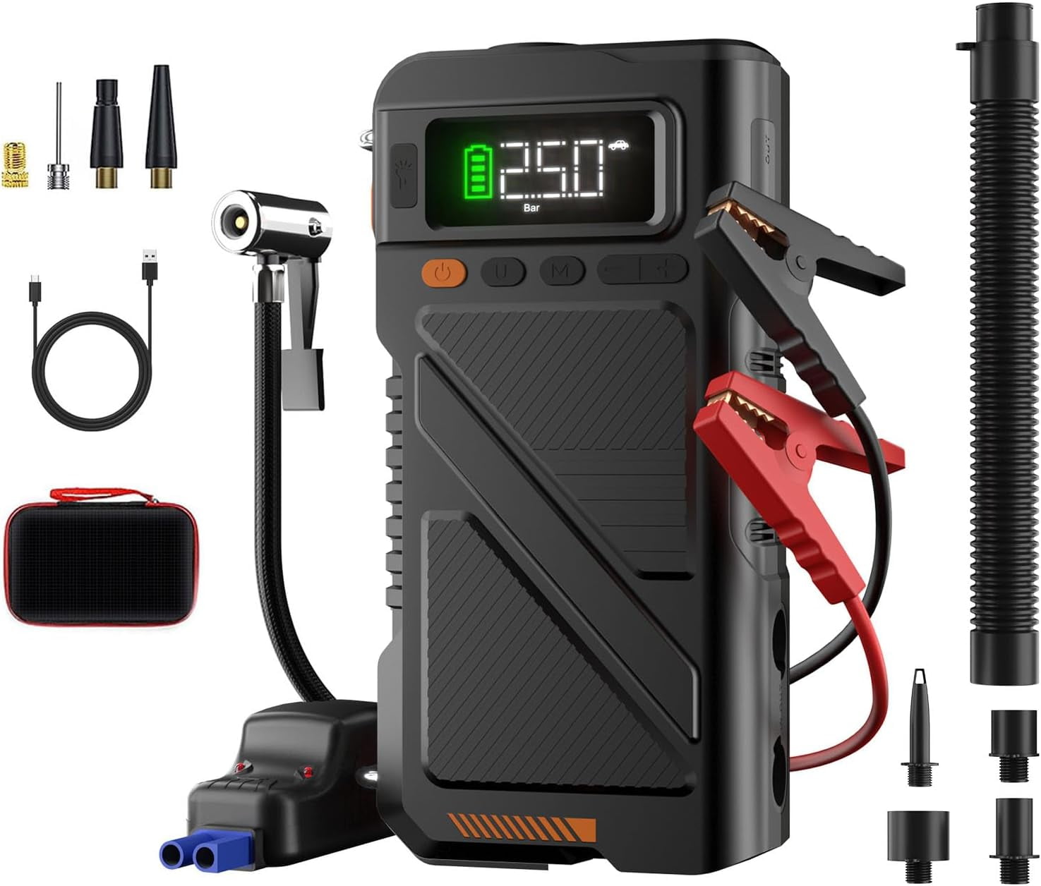 Geeneu 8000A  Peak Battery Jump Starter with Air Compressor, Portable 12V Car Battery Jump Box Power Pack for 10L Gas/9L Diesel Engine with 150PSI Tire Inflator & Extended Jumper Cable