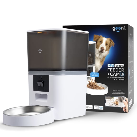 Geeni 6L Smart Pet Feeder with Camera, 1080p HD, Night Vision, Two-Way Audio, Pre-Recorded Messages, WiFi Enabled, Voice Control with Alexa & Google Home, Automatic Cat & Dog Food Dispenser, White