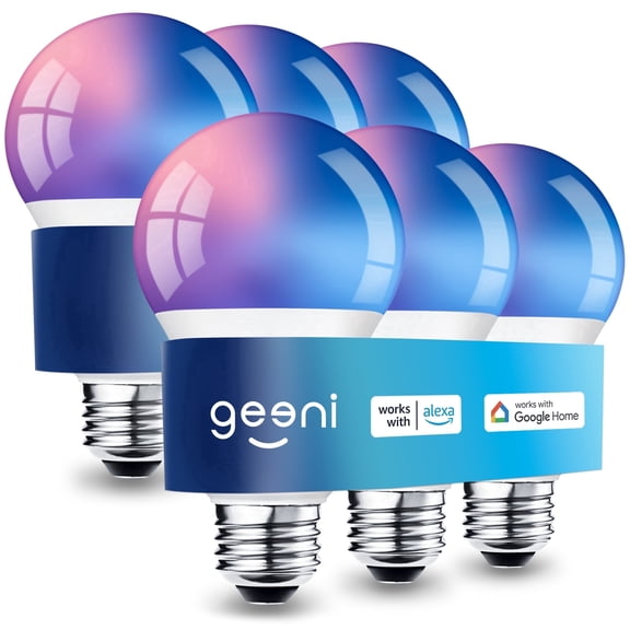 Geeni Prisma Plus 800 Dimmable Smart Light Bulbs with 2.4 GHz Wi-Fi Connectivity – Color-Changing & Tunable White, A19 LED Smart Bulb – Works with Alexa & Google, 6-Pack