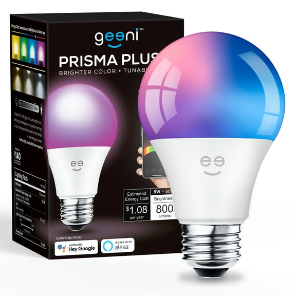 Geeni Prisma Plus 800 Wi-Fi LED Smart Light Bulb, Brighter Color & Tunable White (2700-6500K), 1-Pack, A19 60W, No Hub Required, Light Bulb Works with Alexa, Google Assistant,