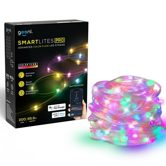 Geeni Smart Lites Pro 200 LED 65.6 FT Length Advanced Color Flow LED Strand with Wi-Fi Voice Control, Schedule Timers for Lights and Devices, Compatible with Alexa & Google Home