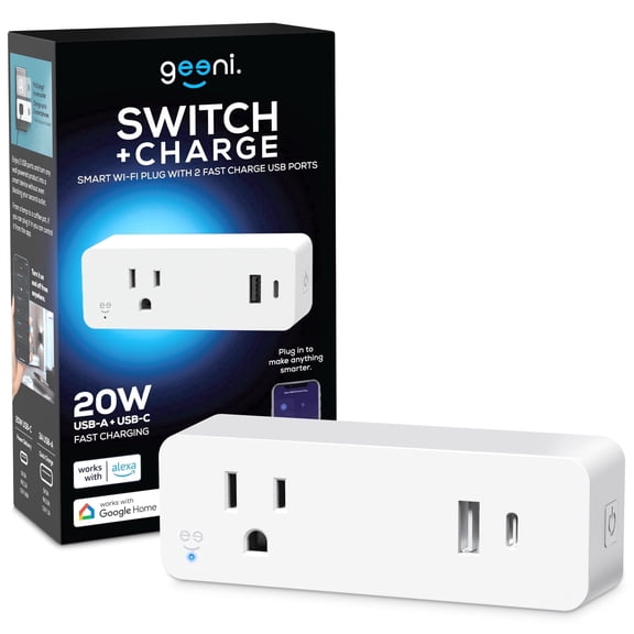 Geeni Smart Wi-Fi Plug with App & Voice Control, 20W USB-A & USB-C Fast Charging, White