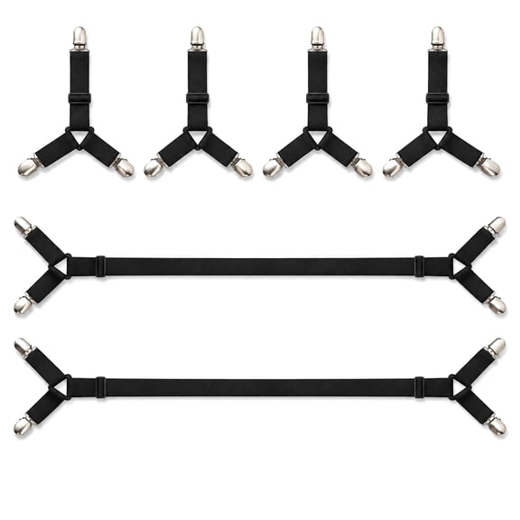 Geeopuk 6 Pack Bed Sheet Straps, Adjustable Elastic Fitted Sheet Holders with Metal Clips, Mattress Sheet Fasteners Keep Sheets in Place, Twin to California King Size, Black
