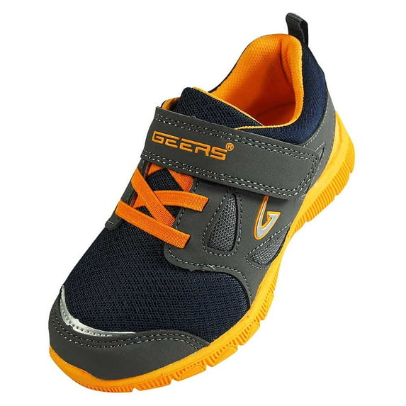 Geers Boys Lightweight Athletic Velcro Strap Running Sneaker, Grey Navy Orange, 11 Kids