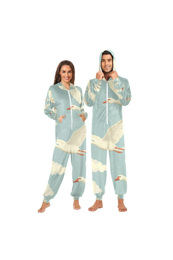 Geese Fly Adult Onesie Pajamas Slim Fit Christmas One Piece Suit Pjs for Women and Men Hooded Zipper