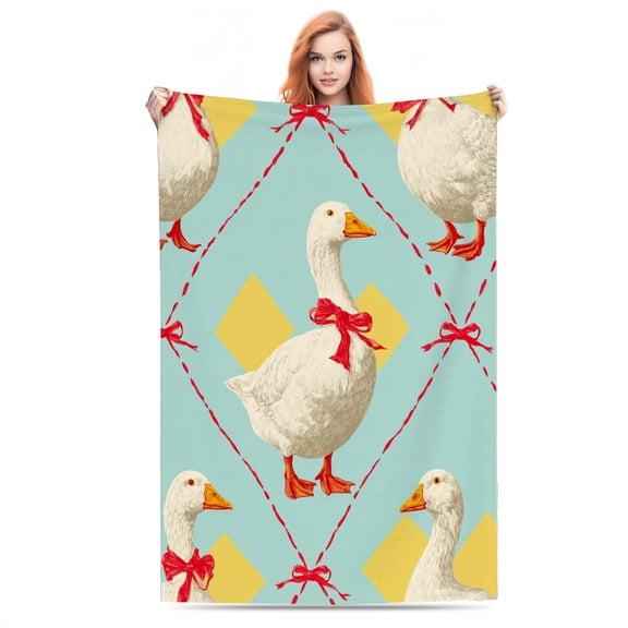 Geese with Red Bows on Blue Background Lightweight Flannel Printed Blanket - Ultra Soft & Warm, All-Season Cozy Plush for Couch, Bed, Office, Camping Nap - Perfect Decorative Gift