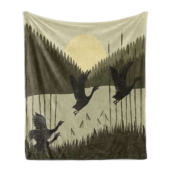 Geese Soft Flannel Fleece Throw Blanket, Flying Birdies Wedge Through Bulrushes in Wild Forest, Cozy Plush for Indoor and Outdoor Use, 70" x 90", Army Green Sage Green, by Ambesonne