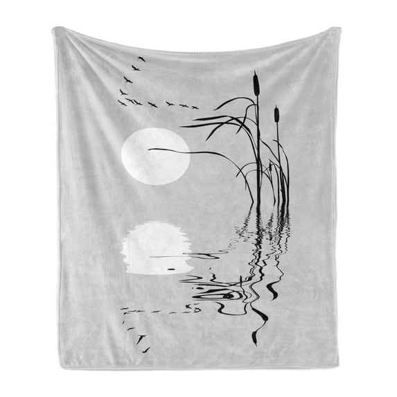 Geese Soft Flannel Fleece Throw Blanket, Geese Flying as V Shape with Sun Reflection on Water and Bulrush, Cozy Plush for Indoor and Outdoor Use, 50" x 60", Pale Grey Charcoal Grey, by Ambesonne