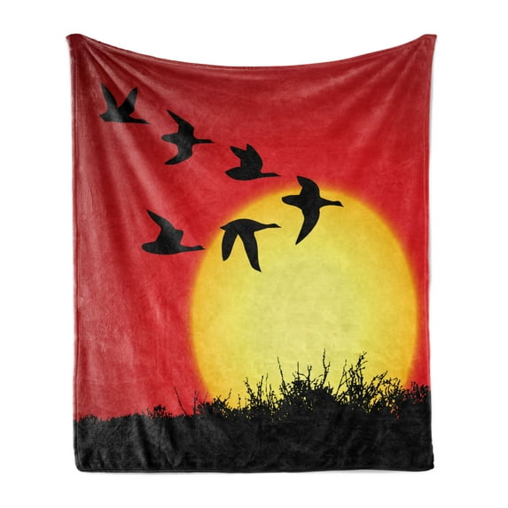 Geese Soft Flannel Fleece Throw Blanket, Migration Theme Flying Skein of Geese Sunset Landscape Image, Cozy Plush for Indoor and Outdoor Use, 70" x 90", Scarlet Mustard, by Ambesonne