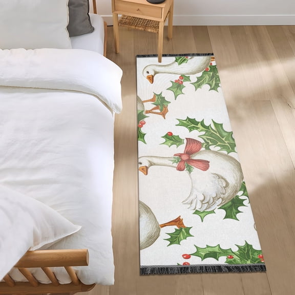 Geese in Christmas Leaves Bedside Runner Rug 2'x 6' Non Slip Carpet Floor Mat Area Rug