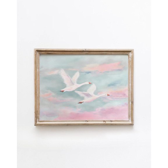 Geese in Flight - Soothing Coastal Blue and Pink Sky Nursery Decor, UNFRAMED Size 16x16
