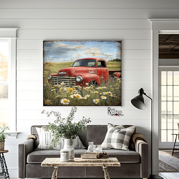 Geese in Flight - Soothing Coastal Blue and Pink Sky Nursery Decor Vintage Red Truck Fine Art Rustic Farmhouse Decor Print, UNFRAMED Size 16x16