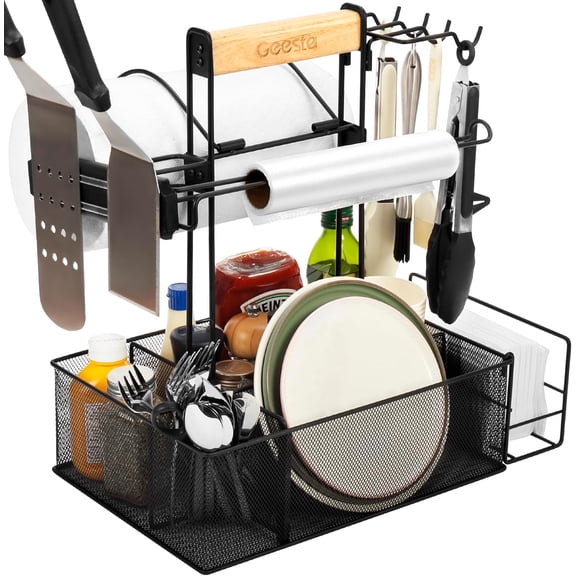 Geesta Grill Caddy for Outdoor Grill, BBQ Picnic Camping Caddy with Paper Towel Holder & Magnetic Tool Holder, Condiment Storage Utensil Kitchen Organizer for RV Camper, Tailgate Accessories