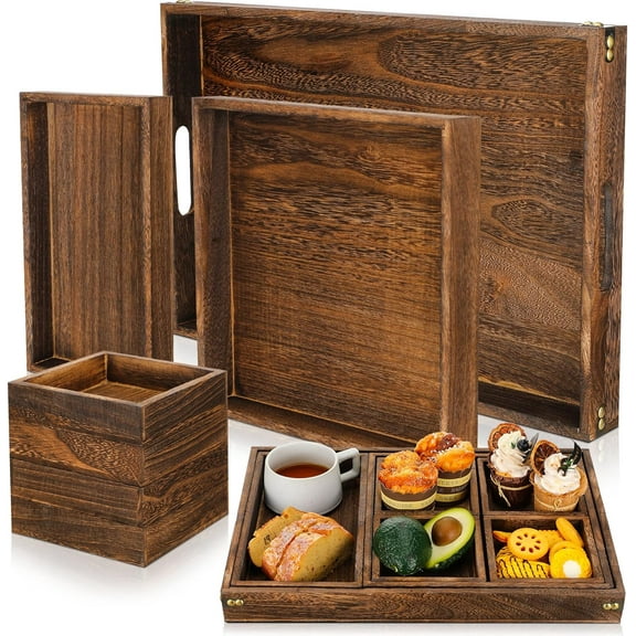 Geetery 2 Sets 14 Pcs Wooden Serving Trays with Handle Large Medium Small Mini Nesting Multipurpose Trays Rectangular Wood Serving Rustic Ottoman Tray for Food Breakfast Bed Coffee Table