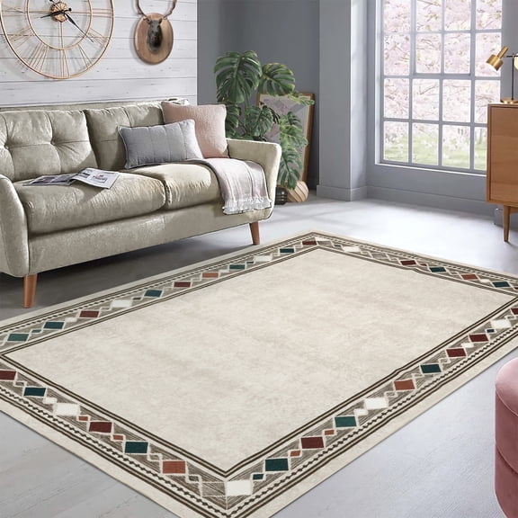 Geetinfly 0 100% Polyester Rug 350Gsm Velvet Weight Pearl Velvet Cotton Trp Backing Washed Folding Printed Carpet -- Border-Neil Beige