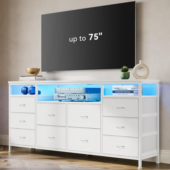 Geetinfly 10 Drawer Dresser TV Stand for 65/70/75 Inch Tv,63Inch W Long Fabric Dresser Entertainment Center,Chest of Drawers for Bedroom with Led Lights & Power Outlets,White leather