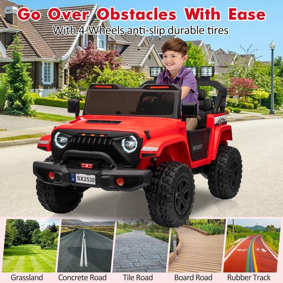 Geetinfly 12V Ride On Toys,2 Seater Ride On Truck for Ages 3+,Extend Car Body 3 Adjustable Speeds Built-in Music Player,Electric Ride On Toys with Easy Assembly,Red
