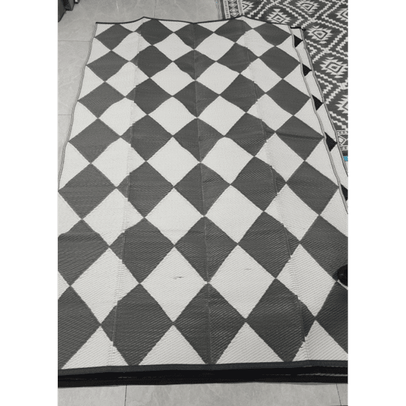 Geetinfly 18FT Area Rugs 320Gsm Pp Tube Plastic Woven Outdoor Carpet-Modern-Large Diamond Grid GrayWhite