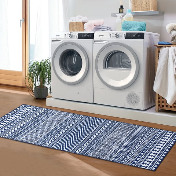 Geetinfly 2*6FT Area Rugs 2in*6in Boho Hallway Runner Rug Indoor Moroccan Geometric Runner Chenille Bohemian Low Pile Non Slip Mat Entryway Runner Mat for Kitchen Navy Blue Navy blue