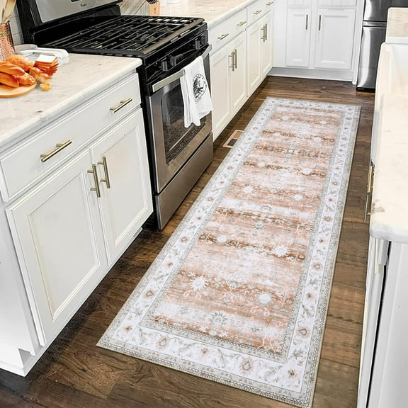 Geetinfly 2*8FT Area Rugs 2in*8in Kitchen Runner Rug Persian Distressed Runner Rug Non-Slip Foldable Chenille Thin Rug for Hallway Laundry Room Home Office Orange Light brown tone
