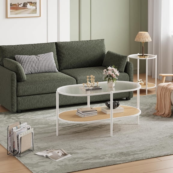 Geetinfly 2-Tier Rattan Coffee Table,Boho Oval Coffee Table with Tempered Glass Top,Farmhouse Water-Wave Glass Metal Tea Center Table with Storage Shelf Decor,White