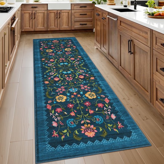 Geetinfly 2inx6in Floral Printed Runner Rug Vintage SoFT Area Rugs Rug Washable Low Pile Rug Stain Resistant Farmhouse Indoor Carpets with Non Slip Backing for Hallway Bedroom Playroom Blue