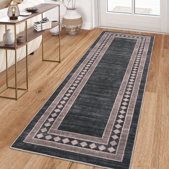 Geetinfly 2inx6in Modern Runner Rug Solid Bordered Rugs Washable Geometric Neutral Accent Carpet with Non-Slip Backing Low Pile Stain-Resistant Rug for Entryway Laundry Bathroom Bedside Black Brown