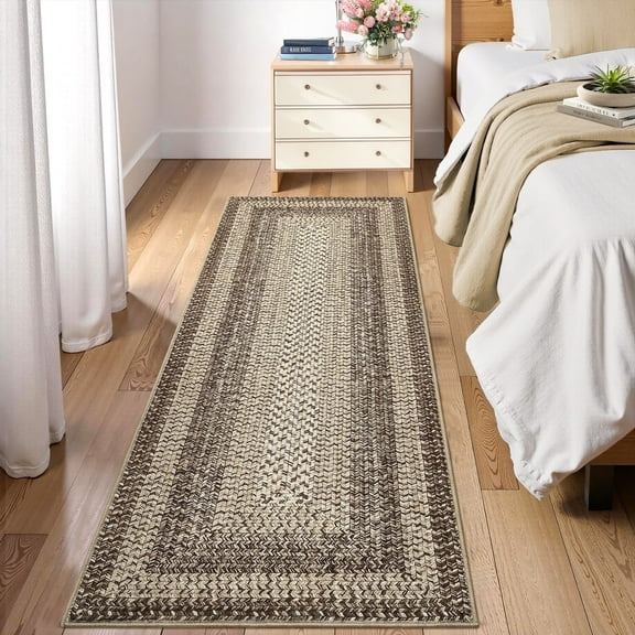 Geetinfly 2inx6in Printed Braided Runner Rugs Farmhouse Bordered Carpet Machine Washable Indoor Area Rug Non-Slip Low Pile Rugs for Hallway Bedroom Kitchen Entryway Natural