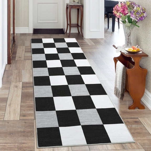 Geetinfly 2inx6in Runner Rug Modern Geometric Rug Checkered Print Runners Non-Slip Bedroom Rugs for Laundry Room Kitchen Black
