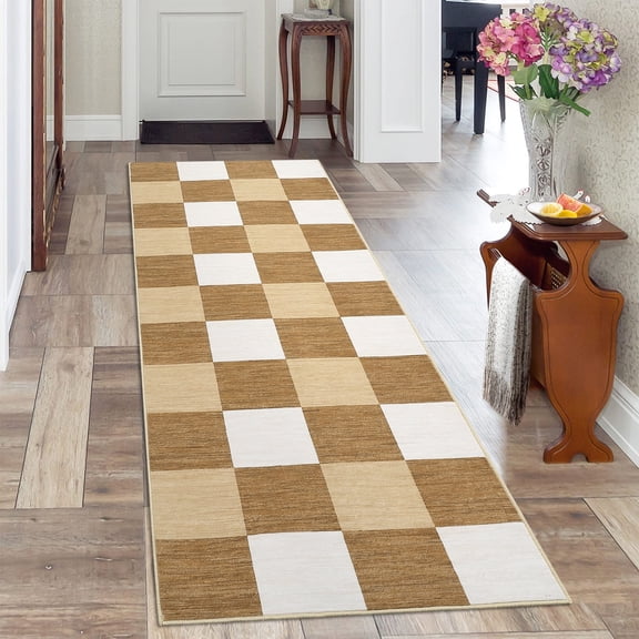 Geetinfly 2inx6in Runner Rug Modern Geometric Rug Checkered Print Runners Non-Slip Bedroom Rugs for Laundry Room Kitchen Tan
