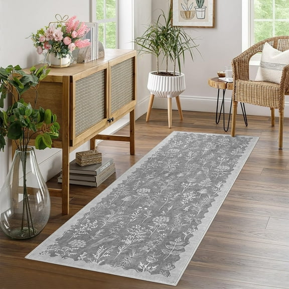 Geetinfly 2x6 Modern Floral Runner Rugs Hallway Rug Washable Botanical Printed Rug Low Pile Non-Slip Foldable Indoor Rug Carpet for Entryway Laundry Room Bedroom Light Gray
