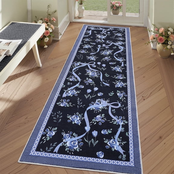 Geetinfly 2x6 Runner Rug Modern Floral Print Rugs for Hallway Machine Washable Rug SoFT Area Rugs Non Slip Indoor Rug Carpet Low Pile Ultra Thin Farmhouse Rugs for Entryway Laundry Room Bedroom Blue