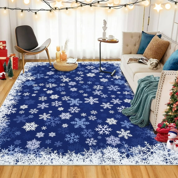 Geetinfly 4*6FT Area Rugs 1150Gsm 350Gsm Heavy Pearl Velvet Washed Back Folding Printed Carpet - Christmas - Romantic Snowflakes Blue tint