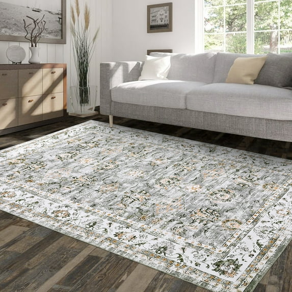 Geetinfly 4*6FT Area Rugs Washable Boho Area Rug 4in*6in Floral Rug Non-Slip Low Pile Traditional Accent Rug Vintage Persian Floor Carpet for Bedroom Nursery Gray Green Gray green tone