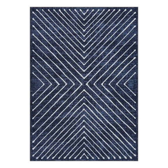 Geetinfly 4 x 6 ft Polyester Blue Rectangular Living Room Bedroom Dining Room Geometric Stripped Lines Print Modern Machine Washable Area Rug