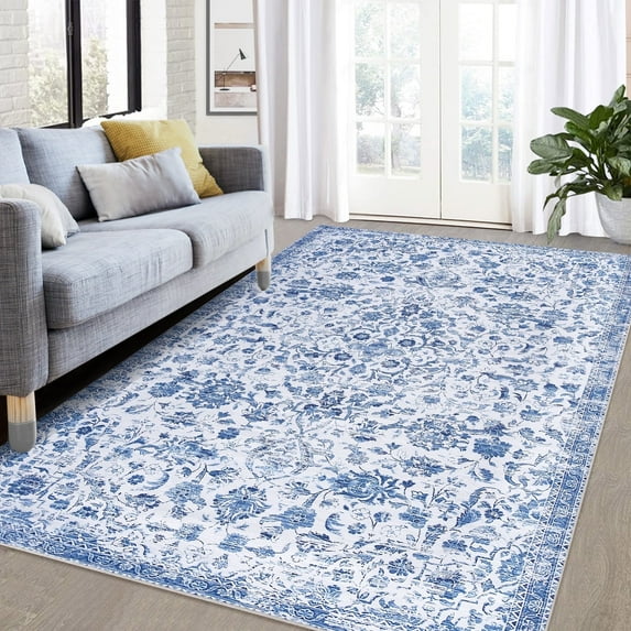 Geetinfly 4inx6in Area Rug Vintage Floral Distressed Print Rug Traditional Washable Non-Shedding Accent Rug Foldable Thin Rug Blue